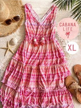 Cabana Life Pink Boho Tiered Sundress Tassel Trim Beach Resort Dress XL